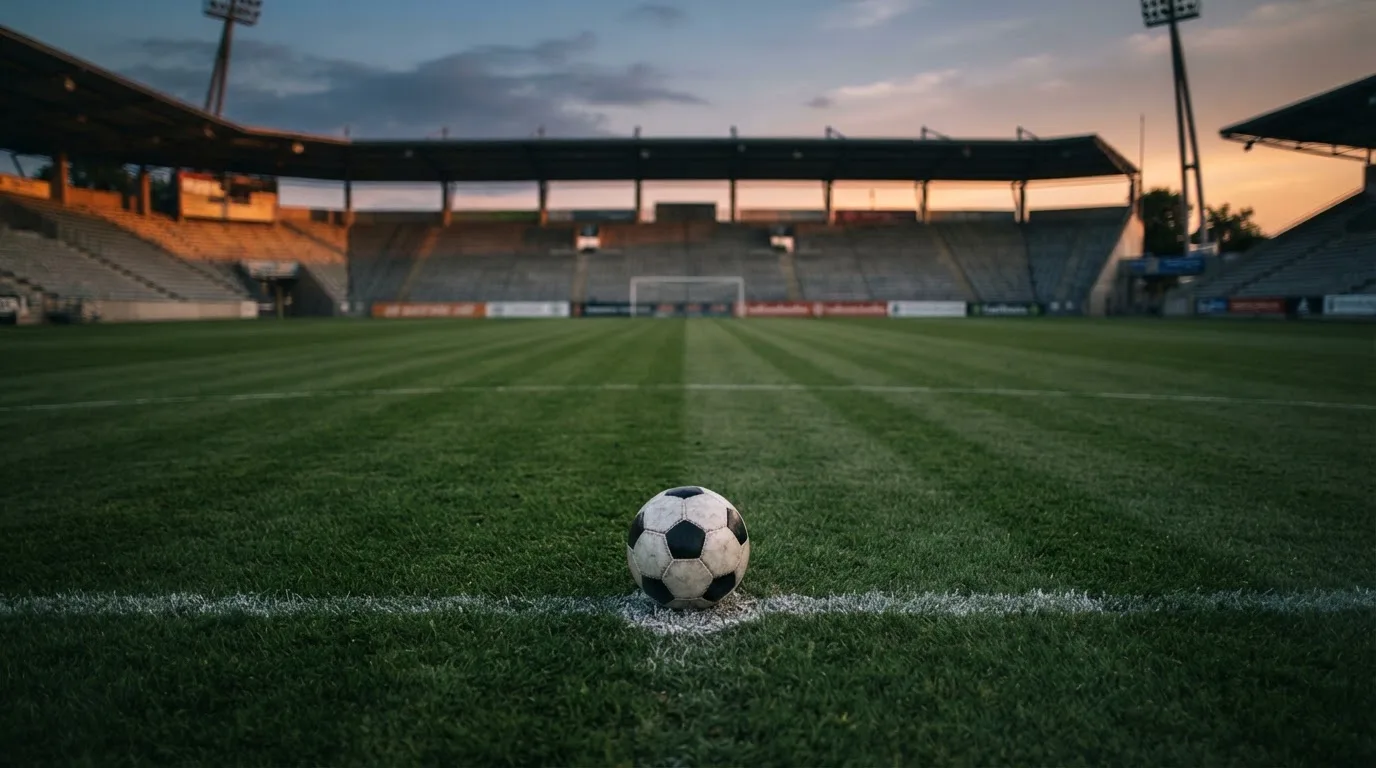 Ein Fußball liegt auf dem Elfmeterpunkt eines leeren Rasenplatzes im Abendlicht, dahinter eine ruhige Tribüne ohne Zuschauer.