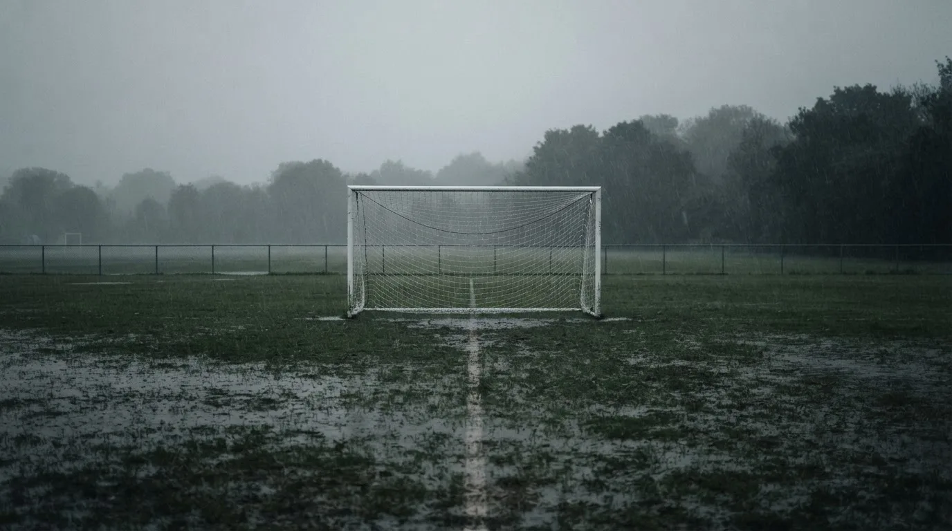Ein Fußballtor mit Netz auf einem Trainingsplatz bei Regen, Pfützen stehen auf dem Rasen, niemand ist zu sehen.