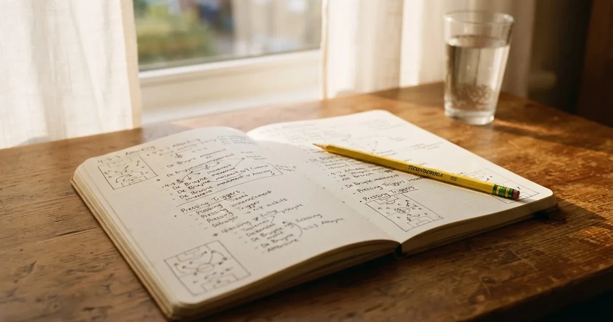 Ein Notizbuch mit handschriftlichen Notizen und kleinen Skizzen liegt aufgeschlagen neben einem Bleistift auf einem Schreibtisch am Fenster.