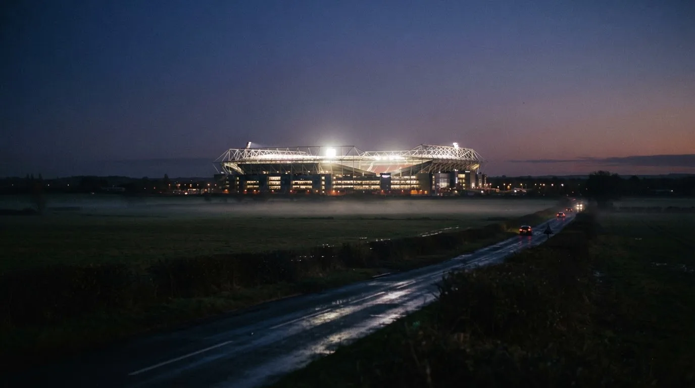 Ein Stadion unter Flutlicht aus der Ferne gesehen, davor eine dunkle Landschaft mit Feldern und einer Landstraße.